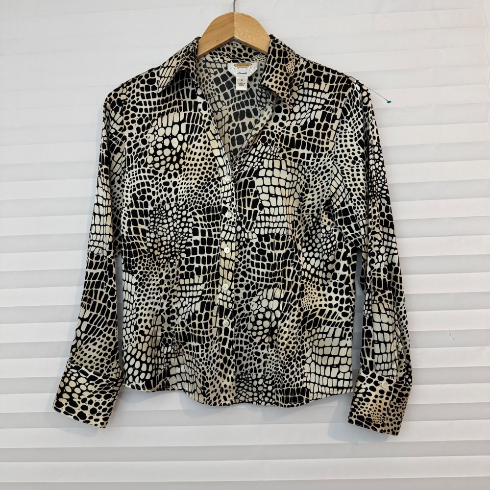 Talbots Petites Silk Blend Stretch Button Down Shirt Animal Print Ivory Black 6P